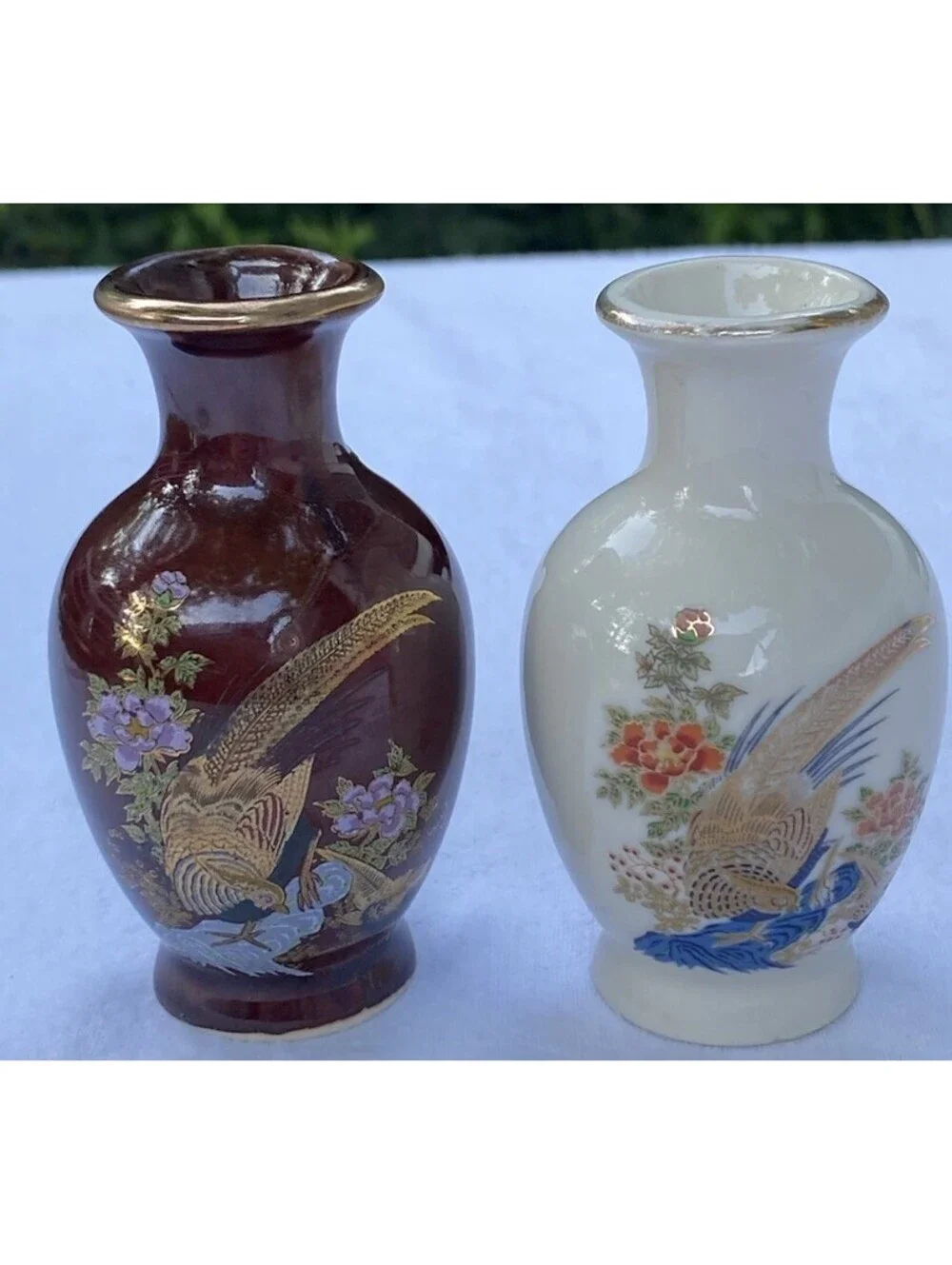 Two Vintage Miniature Bases Hand-painted Japanese Porcelain W/Peacocks & Flowers